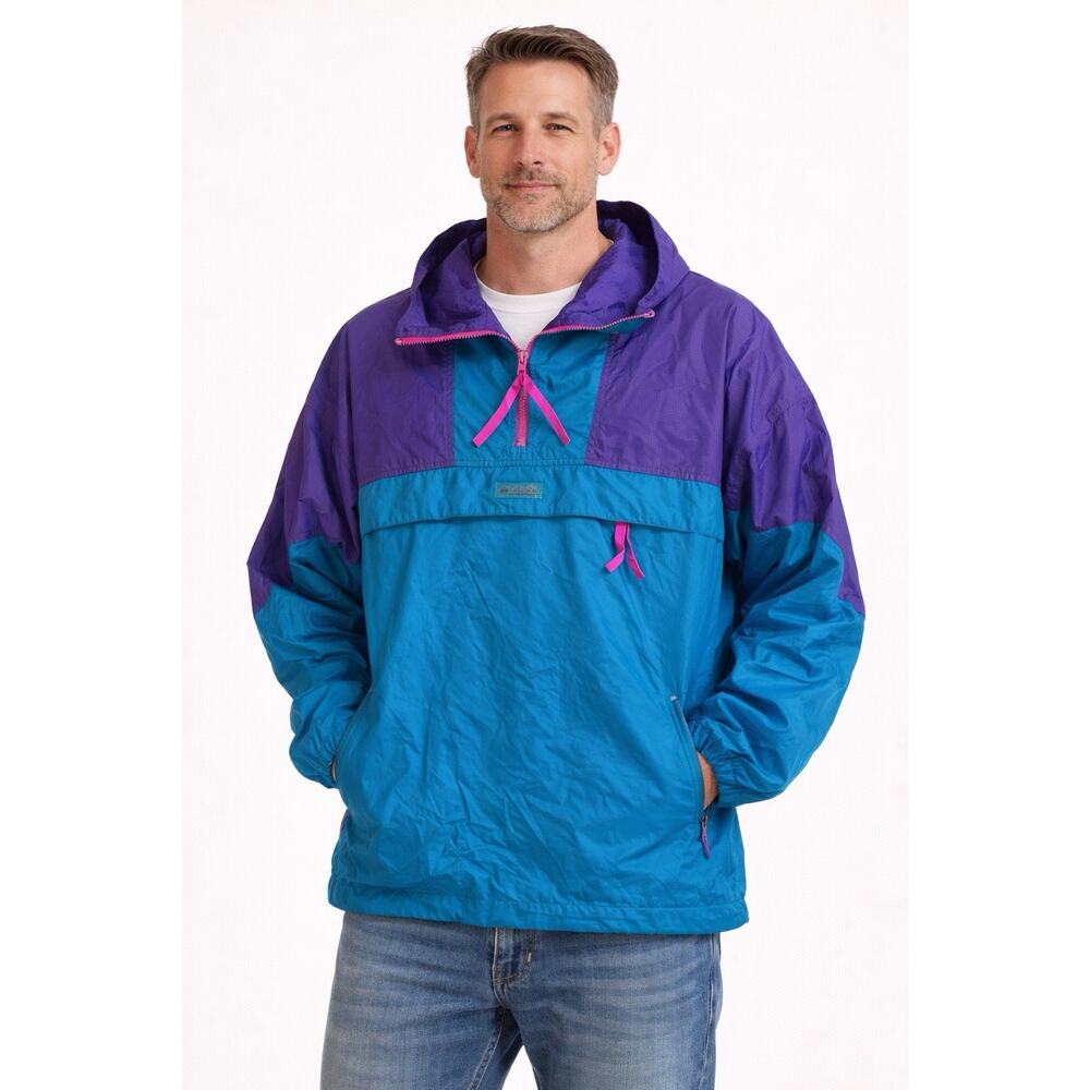 Vintage Columbia Windbreaker Jacket Mens Large Blue Purple Pullover 90s Anorak